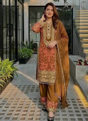 Cofee heavy diamond georgette party wear embroidery suit set 1