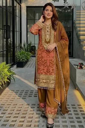 Cofee heavy diamond georgette party wear embroidery suit set