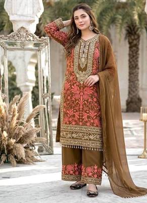 Cofee heavy diamond georgette party wear embroidery suit set 2