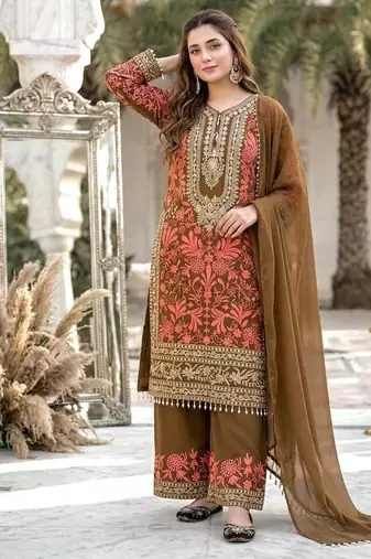 Cofee heavy diamond georgette party wear embroidery suit set
