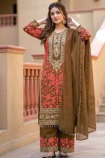 Cofee heavy diamond georgette party wear embroidery suit set