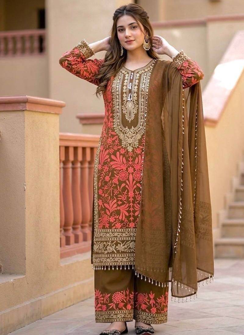 Cofee heavy diamond georgette party wear embroidery suit set