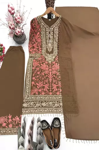 Cofee heavy diamond georgette party wear embroidery suit set