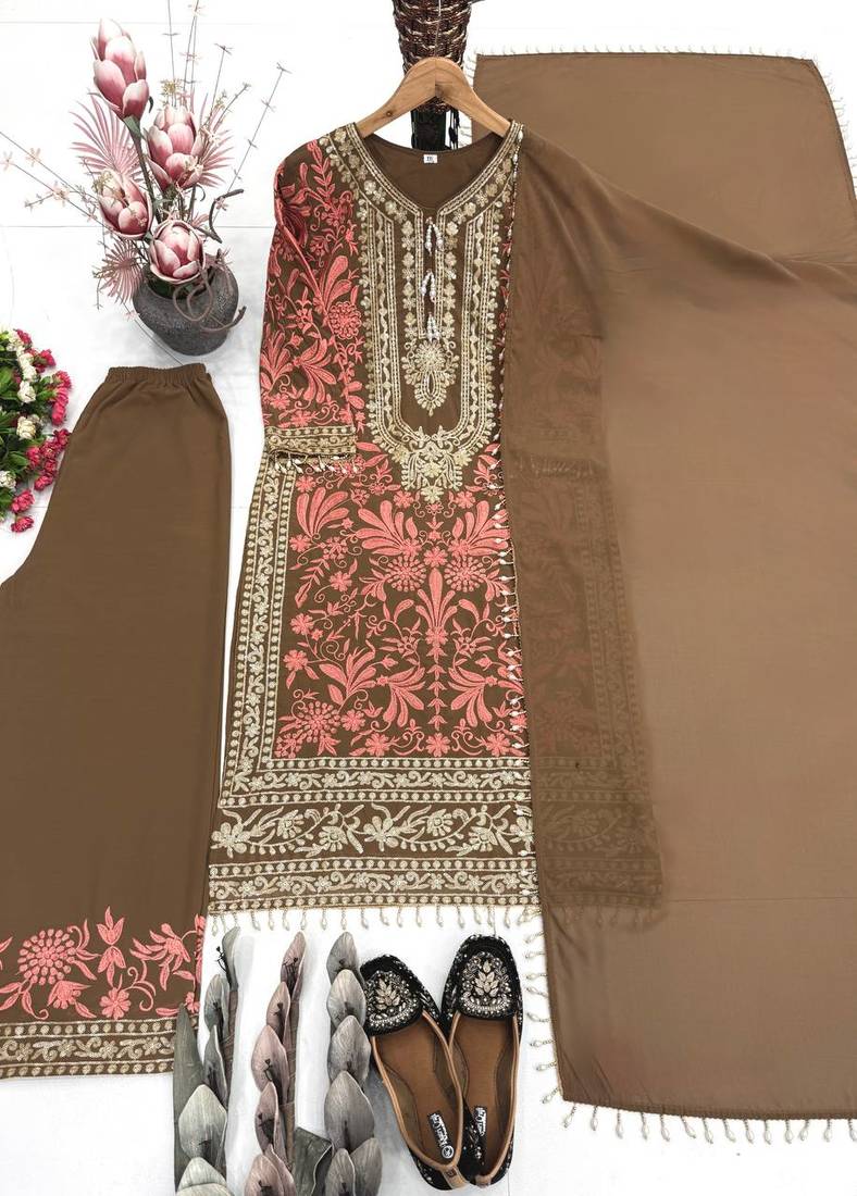 Cofee heavy diamond georgette party wear embroidery suit set