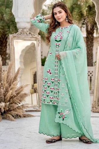 Sky green heavy vertical party wear embroidery suit set