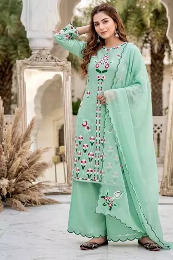 Sky green heavy vertical party wear embroidery suit set