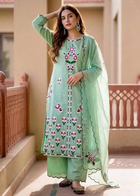 Sky green heavy vertical party wear embroidery suit set 2