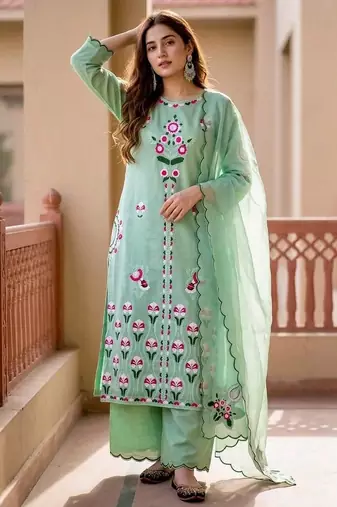 Sky green heavy vertical party wear embroidery suit set