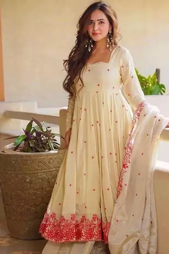 Cream pure cosmos silk party wear embroidery anarkali suit set