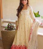 Cream pure cosmos silk party wear embroidery anarkali suit set
