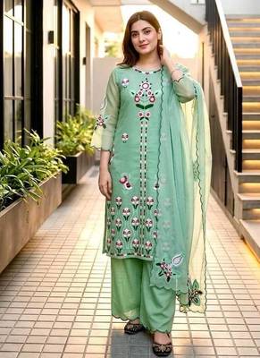 Sky green heavy vertical party wear embroidery suit set 3