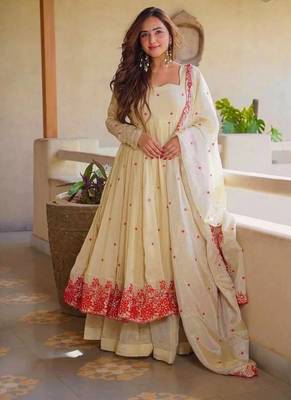 Cream pure cosmos silk party wear embroidery anarkali suit set 2