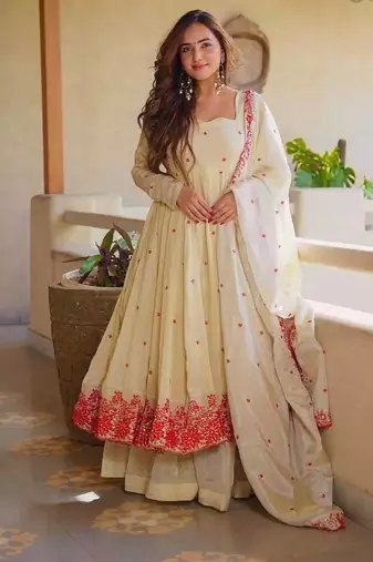 Cream pure cosmos silk party wear embroidery anarkali suit set