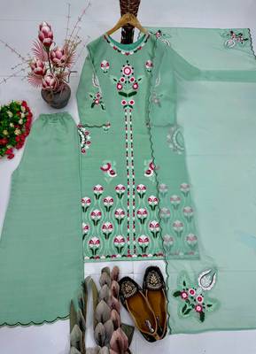 Sky green heavy vertical party wear embroidery suit set 4