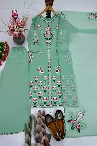 Sky green heavy vertical party wear embroidery suit set