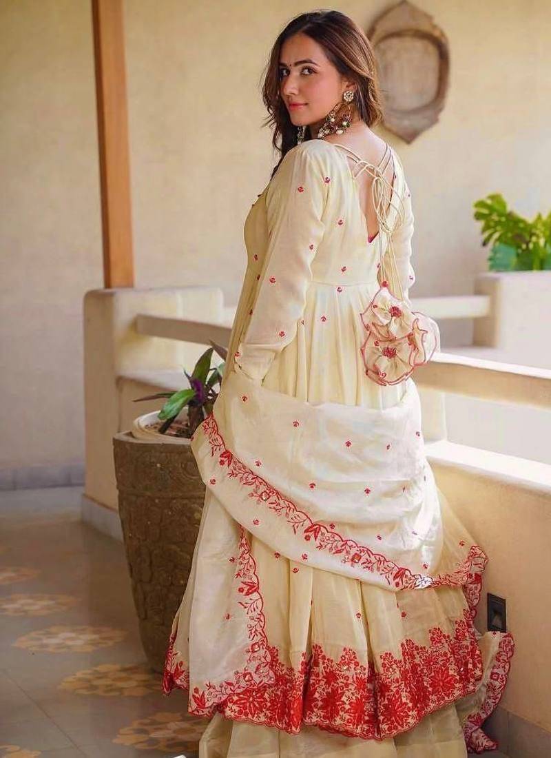 Cream pure cosmos silk party wear embroidery anarkali suit set