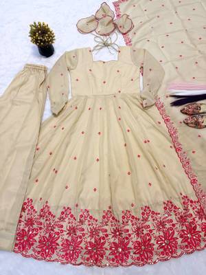 Cream pure cosmos silk party wear embroidery anarkali suit set 4