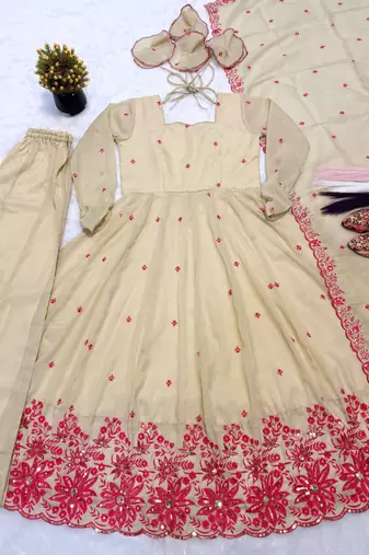 Cream pure cosmos silk party wear embroidery anarkali suit set