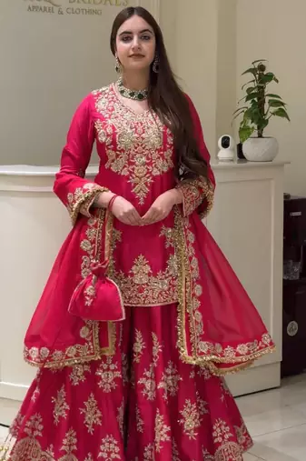 Pink heavy natural silk party wear embroidery suit set