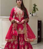 Pink heavy natural silk party wear embroidery suit set
