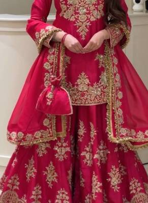 Pink heavy natural silk party wear embroidery suit set 2
