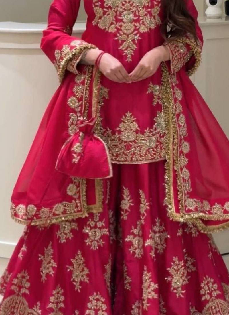 Pink heavy natural silk party wear embroidery suit set