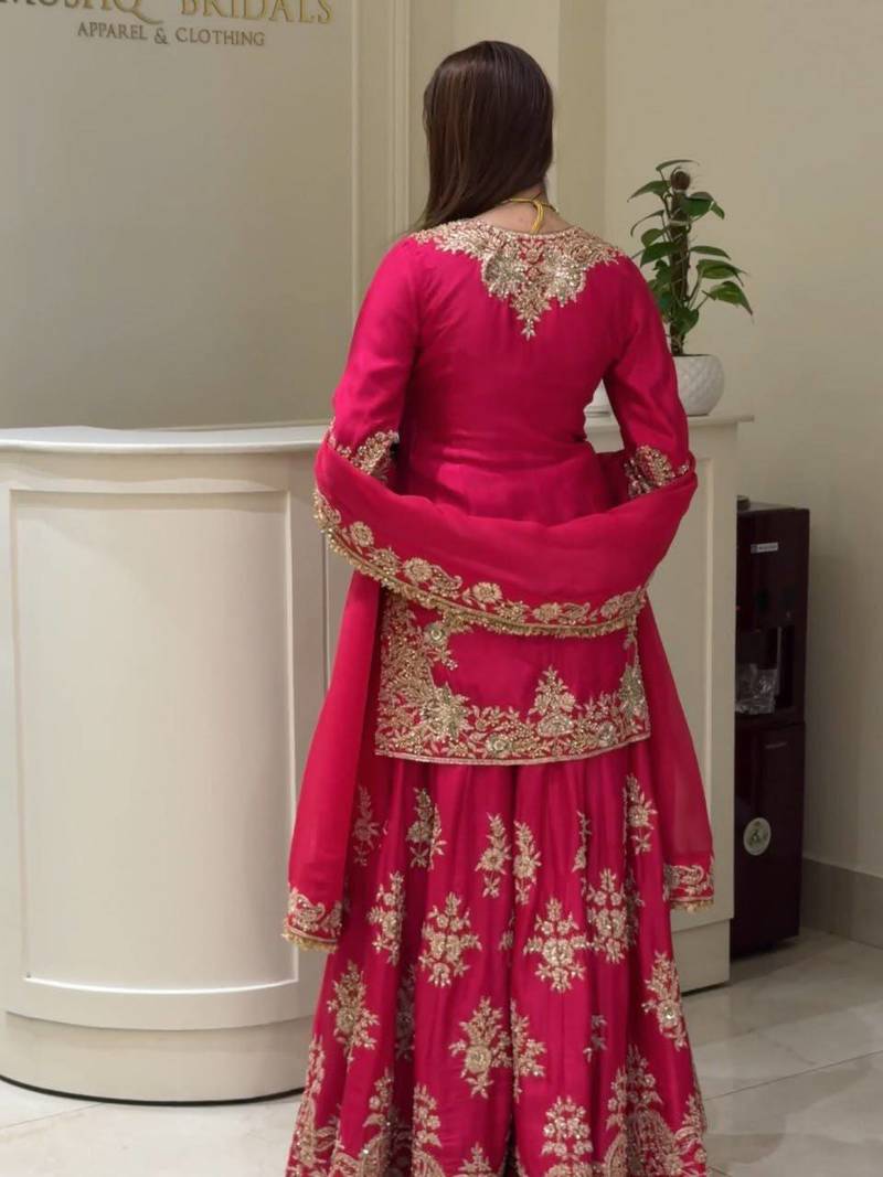 Pink heavy natural silk party wear embroidery suit set