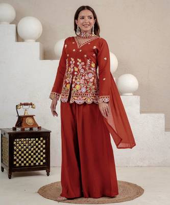 Brown heavy roman silk party wear embroidery sharara suit set 1