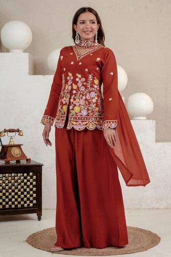 Brown heavy roman silk party wear embroidery sharara suit set