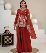 Brown heavy roman silk party wear embroidery sharara suit set