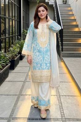 Sky blue heavy diamond georgette party wear embroidery suit set 1