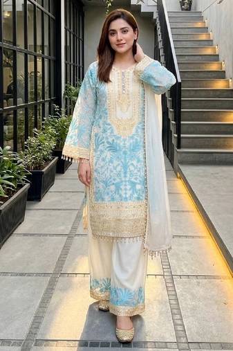 Sky blue heavy diamond georgette party wear embroidery suit set