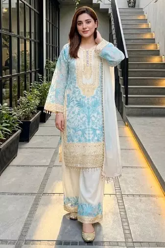 Sky blue heavy diamond georgette party wear embroidery suit set