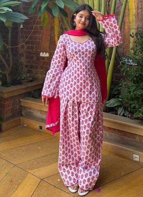 Pink heavy pure cameric cotton party wear embroidery suit set 1
