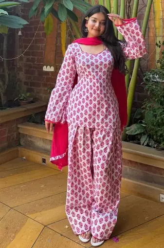Pink heavy pure cameric cotton party wear embroidery suit set