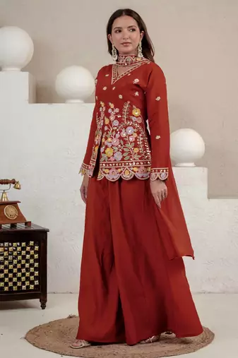 Brown heavy roman silk party wear embroidery sharara suit set