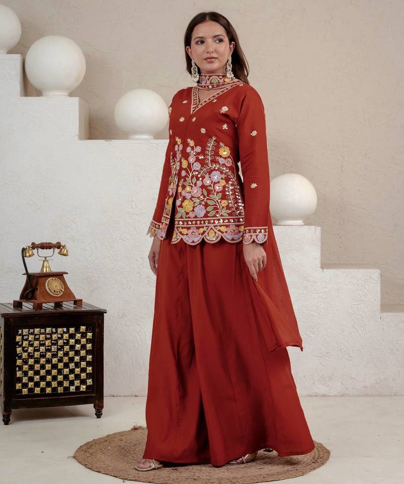 Brown heavy roman silk party wear embroidery sharara suit set