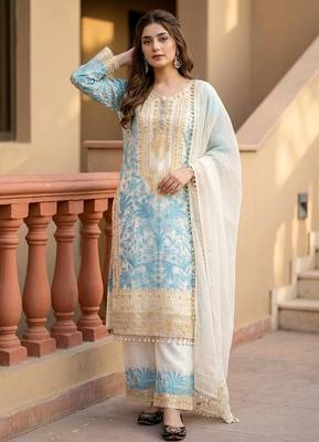 Sky blue heavy diamond georgette party wear embroidery suit set 2