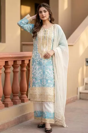 Sky blue heavy diamond georgette party wear embroidery suit set