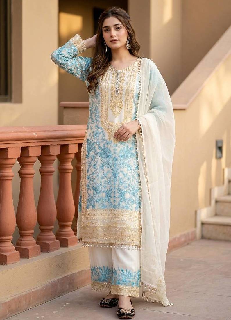 Sky blue heavy diamond georgette party wear embroidery suit set