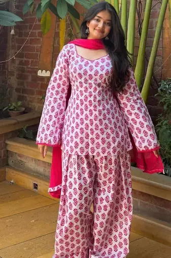 Pink heavy pure cameric cotton party wear embroidery suit set