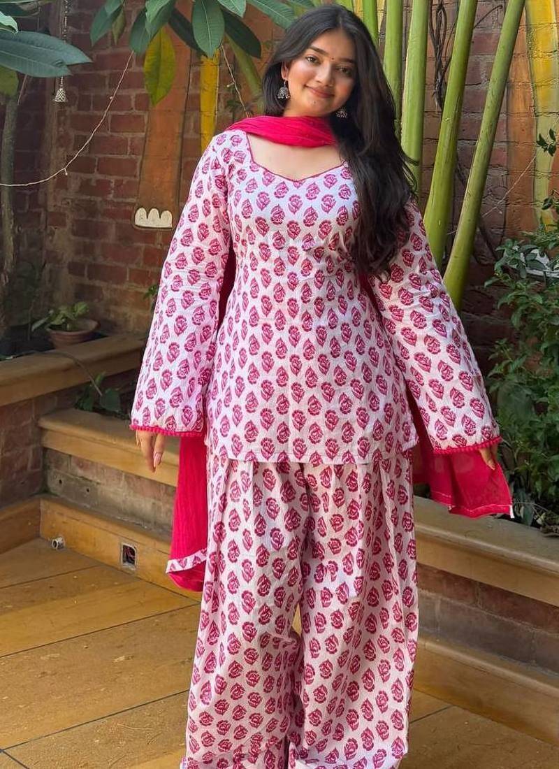 Pink heavy pure cameric cotton party wear embroidery suit set