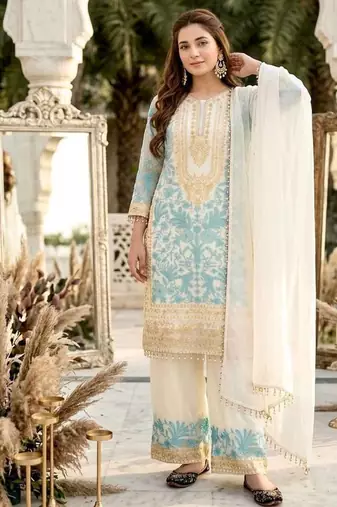 Sky blue heavy diamond georgette party wear embroidery suit set