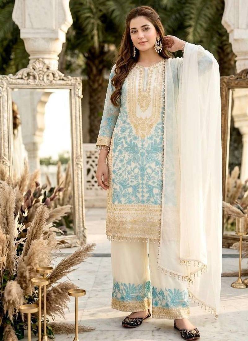 Sky blue heavy diamond georgette party wear embroidery suit set