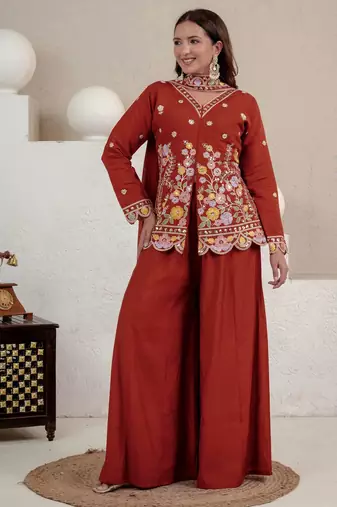Brown heavy roman silk party wear embroidery sharara suit set