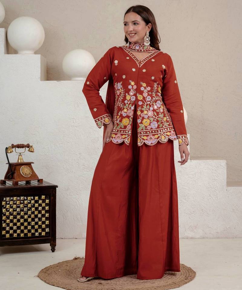 Brown heavy roman silk party wear embroidery sharara suit set