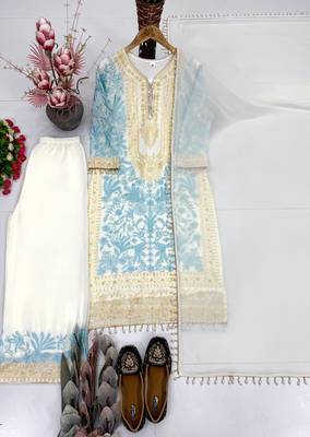 Sky blue heavy diamond georgette party wear embroidery suit set 4
