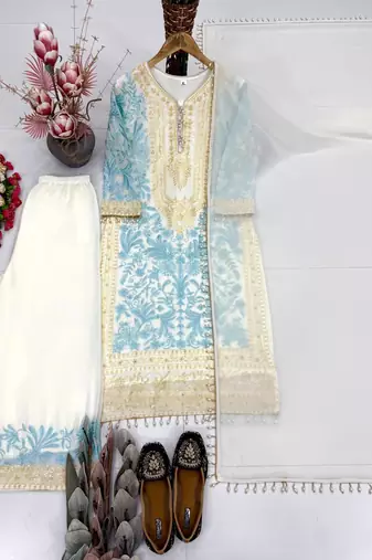 Sky blue heavy diamond georgette party wear embroidery suit set