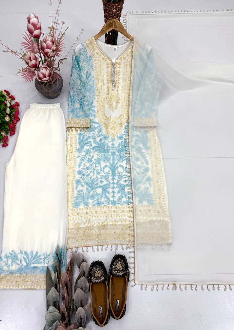 Sky blue heavy diamond georgette party wear embroidery suit set