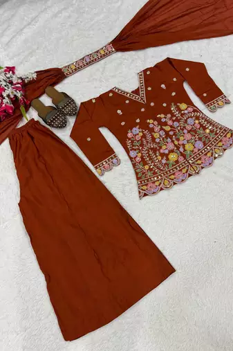 Brown heavy roman silk party wear embroidery sharara suit set